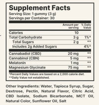 Supplement facts label for a gummy product with various ingredients listed.