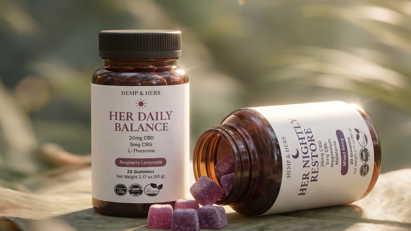 Two bottles of 'Her Daily Balance' and 'Her Nightly Restore' supplements with purple gummies on a wooden surface.